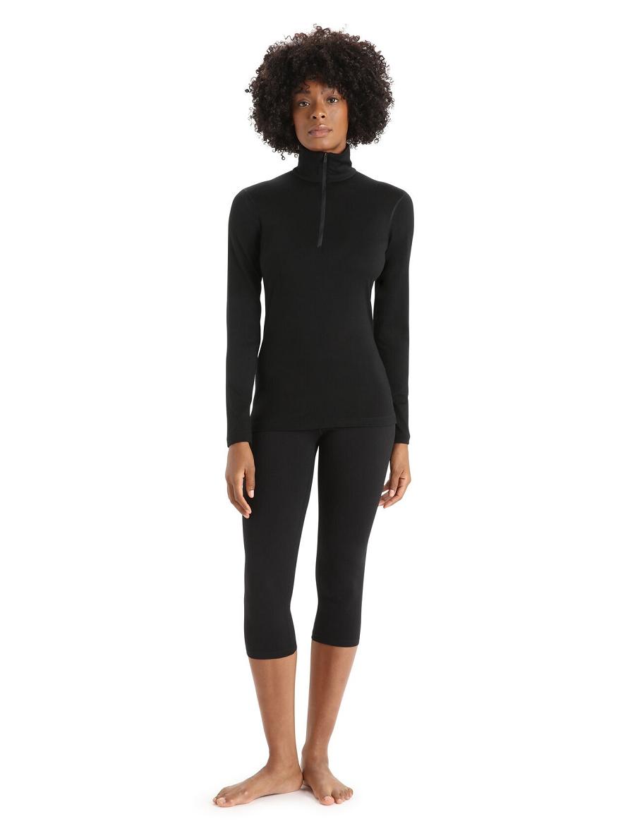 Women's Icebreaker Merino 200 Oasis Long Sleeve Half Zip Thermal Top Base Layers Black | CA 1043DFMN